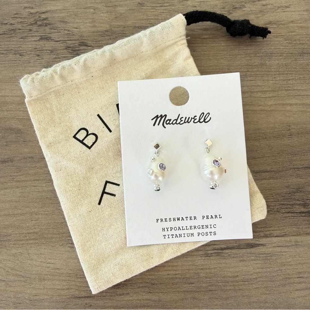 NWT Madewell Freshwater Baroque Fireball Pearl Earrings with Bezel Gems